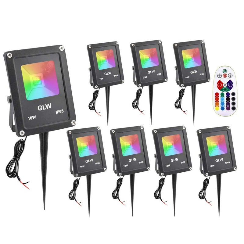 GLW إضاءة المناظر الطبيعية منخفضة الجهد GLW 10W مع تغيير لون RGB، مصابيح LED مع تحكم عن بعد، مقاومة للماء، مصباح سبوت لايت للحديقة والفناء، مصباح زخرفي للاستخدام الخارجي والداخلي (8 قطع/بدون قابس) - Image 1